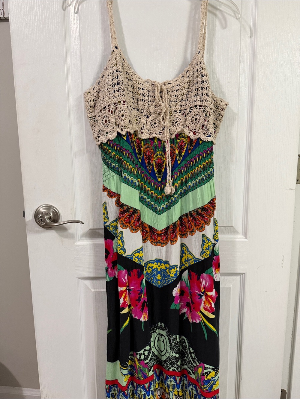 Boho Crochet-Top Maxi Dress in Beige and Multicolor Size XL